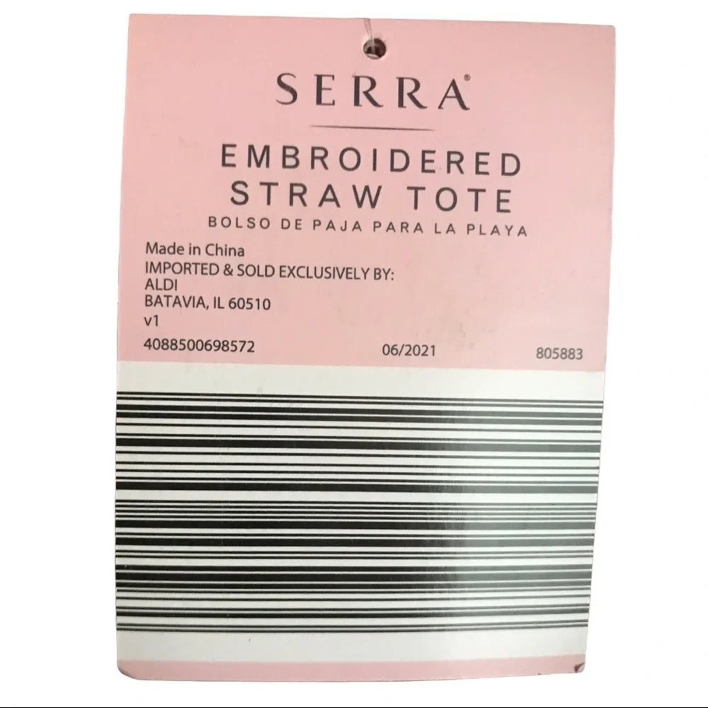 NWT Serra Embroidered Straw Tote Bag,Pink or Black - Picture 4 of 13